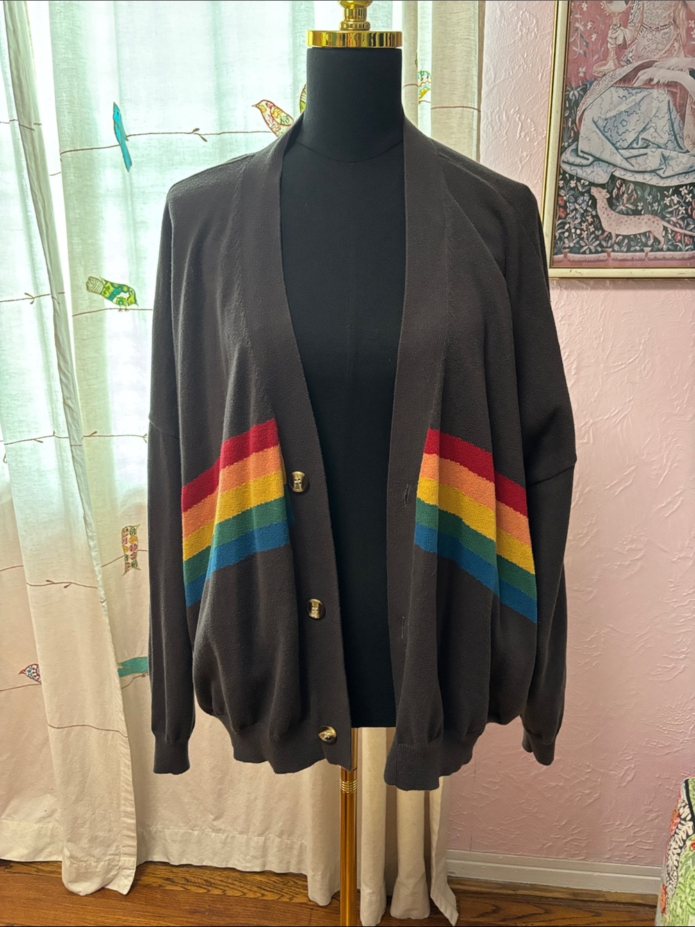 NATURAL LIFE Black Cardigan with Rainbow Stripes